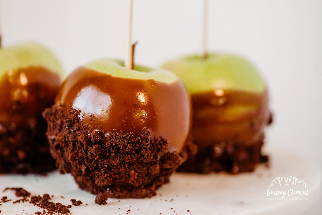 Caramel apples with cocoa nib shortbread crumble